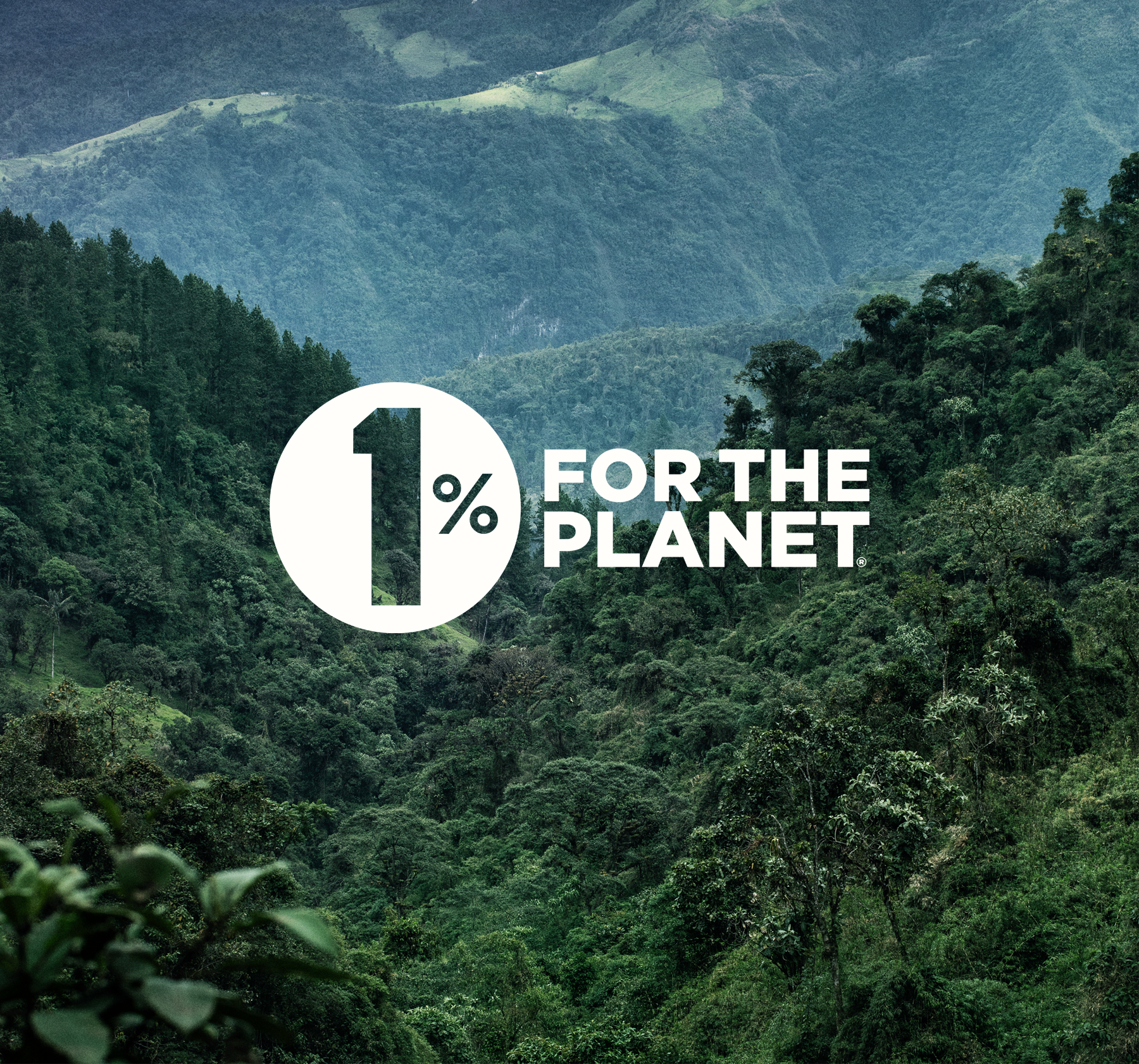 Mountainous landscape with '1% for the Planet' logo overlay