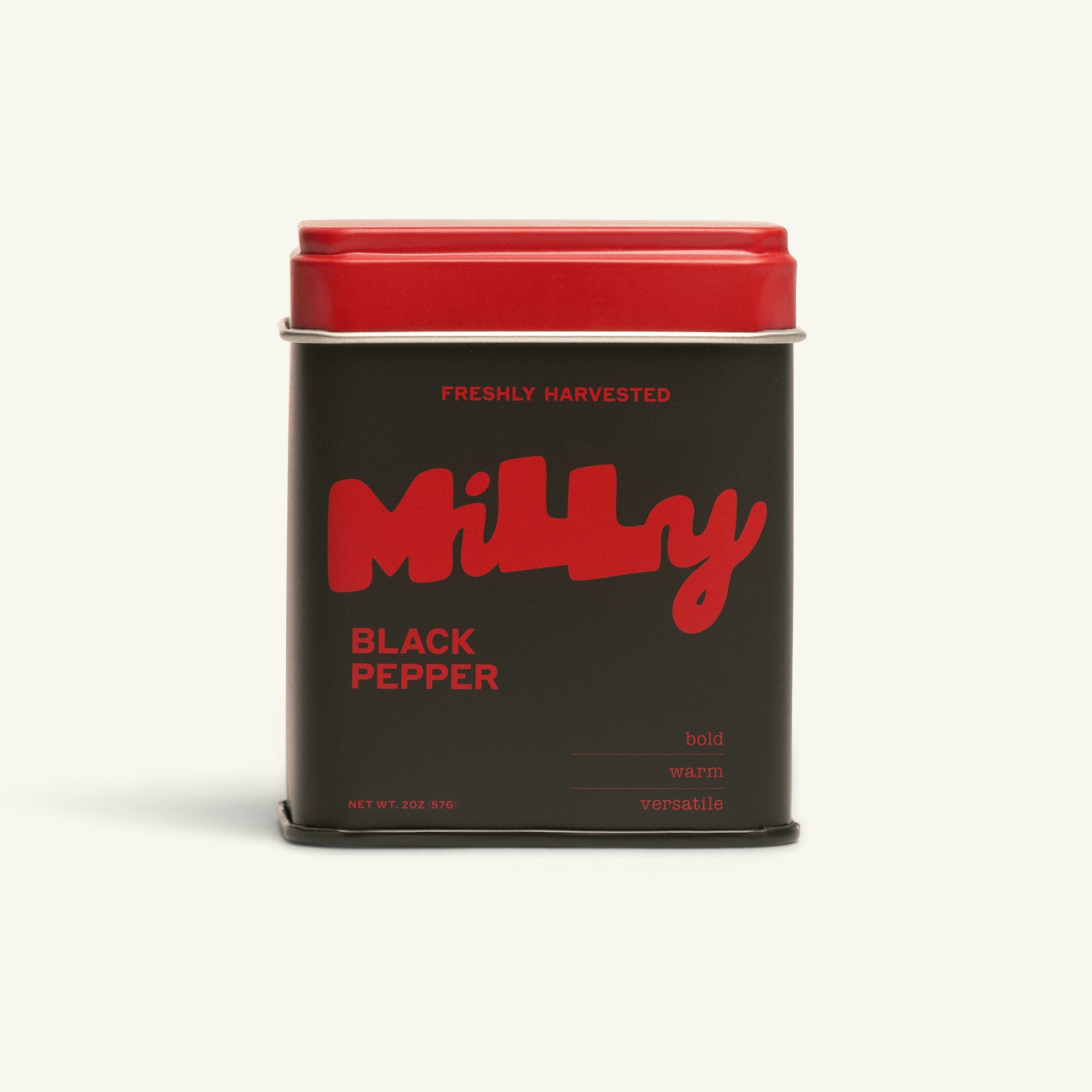 Milly Pepper tin of Black Pepper on white background.