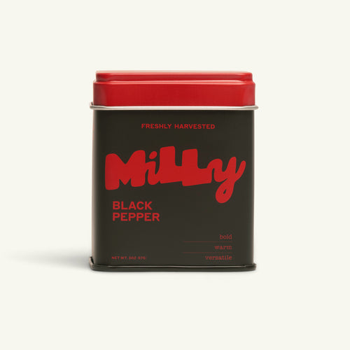 Milly Pepper tin of Black Pepper on white background.
