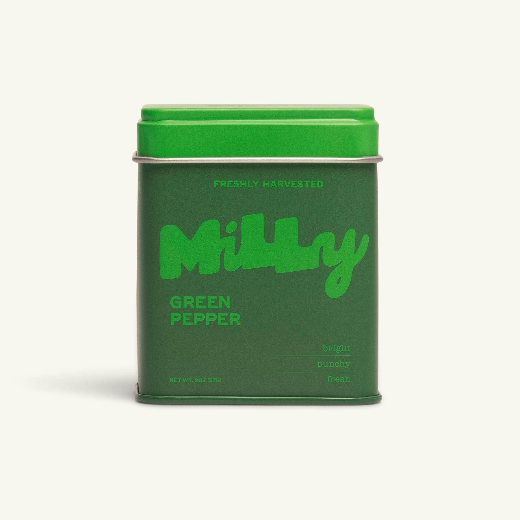 Milly Pepper tin of Green Pepper on white background.