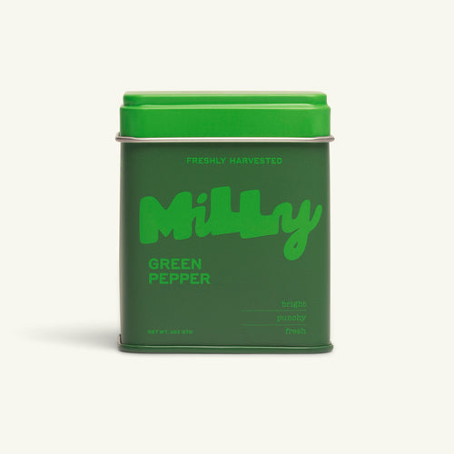 Milly Pepper tin of Green Pepper on white background.