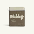 Milly Pepper tin of White Pepper on white background.