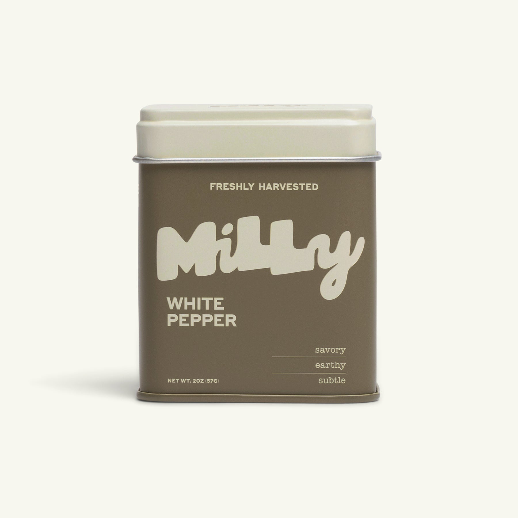 Milly Pepper tin of White Pepper on white background.