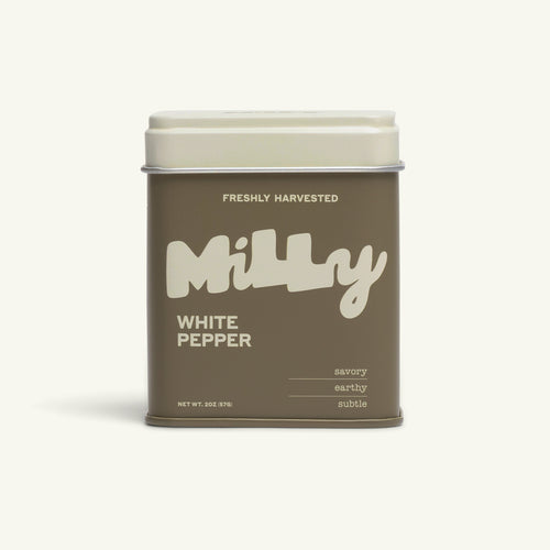 Milly Pepper tin of White Pepper on white background.